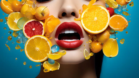 Beautiful young woman with fruits in her mouth. Healthy food concept.の素材