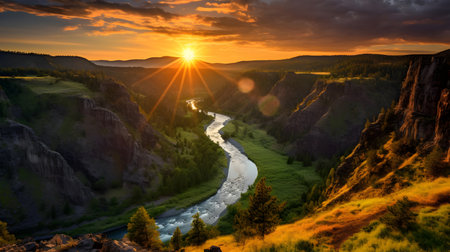 Sunset over the river in Yellowstone National Park, Wyoming, USAの素材