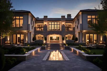 3d rendering of modern cozy clinker house on the ponds with garage and pool for sale or rent with beautiful landscaping. Clear summer night with many stars on the sky.の素材