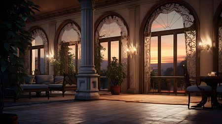 3D render of a terrace in a villa at sunsetの素材