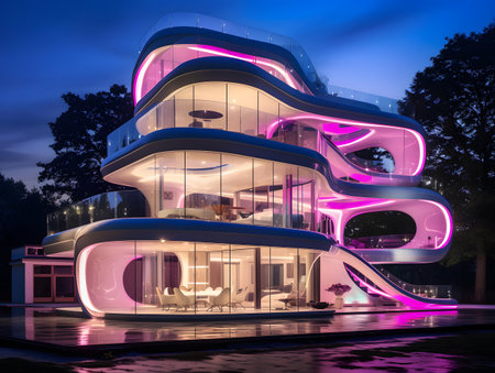 Modern building with colorful lights at night in Prague, Czech Republic.の素材