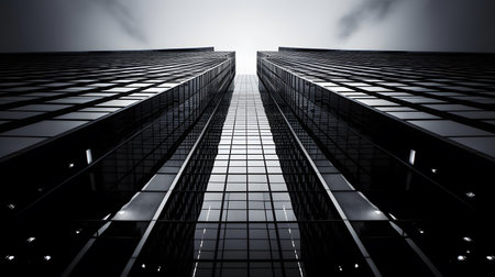3D render of modern skyscrapers in business district with reflectionの素材