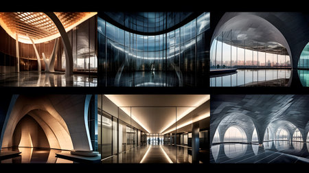 3D rendering of a long corridor in a modern office building.の素材