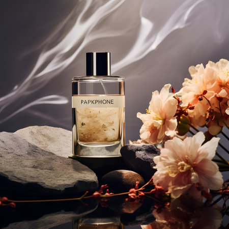 Perfume bottle with flowers on the stone and dark background.の素材