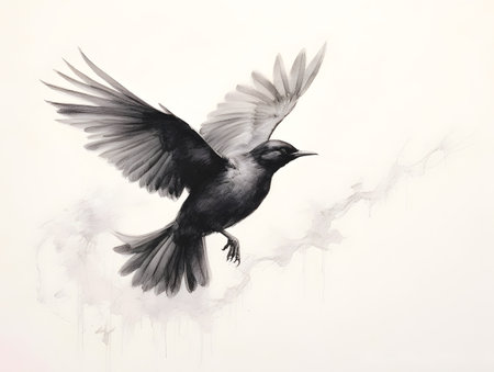 black crow flying in the sky, black and white drawing on paperの素材