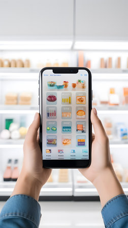 Cropped shot of woman holding smartphone with app on screen in supermarketの素材