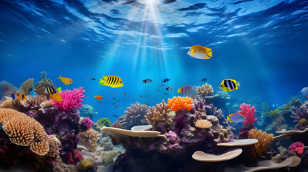 Underwater world. Underwater world with corals and tropical fish.の素材