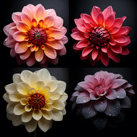 Colorful dahlia flowers with water drops on black background.の素材