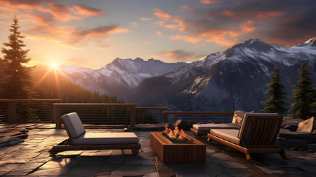 Balcony in the mountains at sunset. 3D rendering.の素材