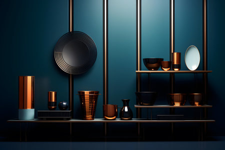 3d render of a shelf with decorative objects in a dark room.の素材