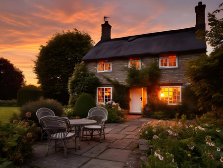Sunset over a cottage with a garden and chairs in the foregroundの素材