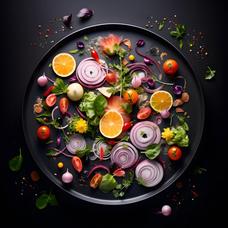 Fresh vegetable salad with red onion, cherry tomatoes, basil and lemon on black backgroundの素材