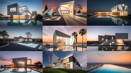 Collage of modern architecture. Collage of modern architecture in sunset.の素材