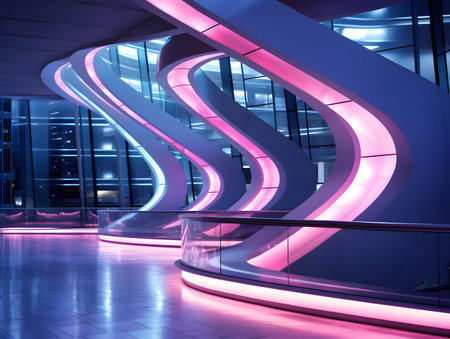 Interior of modern office building with neon lights. 3d renderingの素材