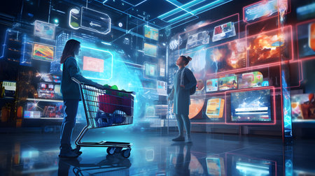 Digital composite of Business man and woman with shopping cart and media interfaceの素材