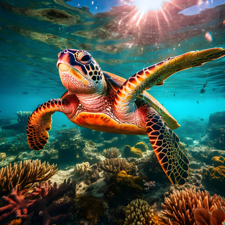 Hawaiian Green Sea Turtle (Chelonia mydas) underwater in Hawaiiの素材