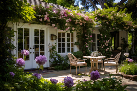Luxury summer garden with tables, chairs and flowers in summerの素材