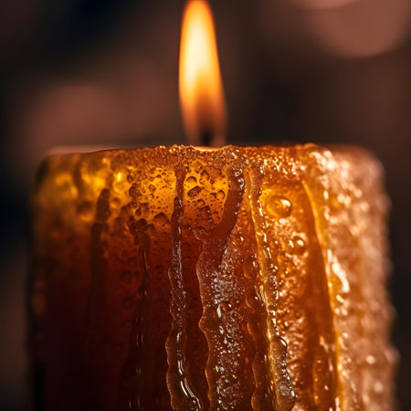 Burning wax candle on a dark background. Shallow depth of fieldの素材