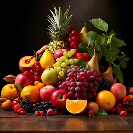 Fruits were placed on a wooden table, forming a background.の素材