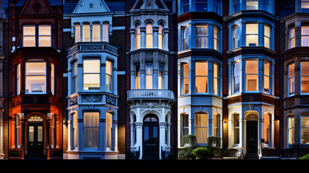 Row of typical houses in London at night, England, UK.の素材