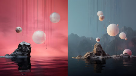 3d illustration of planets floating in the water with a pink backgroundの素材
