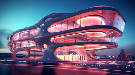 3D rendering of a futuristic building in the city at night.の素材