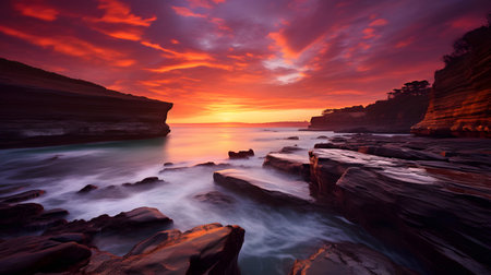 Sunset over the sea with rocks in foreground, Sydney, Australiaの素材