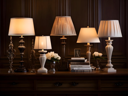 Vintage table lamps and books on a dark background. 3d renderingの素材