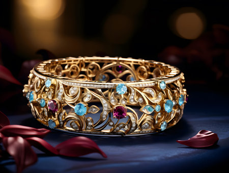 Beautiful golden crown with gems on a dark background. Luxury jewelry.の素材
