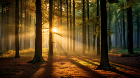Mysterious forest with fog and sunbeams in the morningの素材