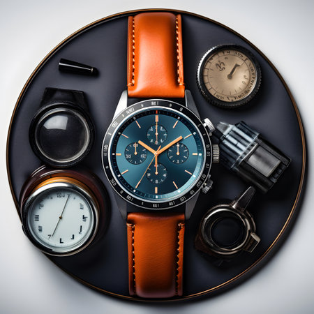 Wristwatch, watch and wristwatch on a black plate.の素材