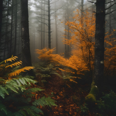 Foggy autumn forest. Colorful forest in the morning.の素材