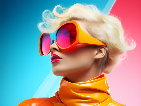Portrait of a beautiful blonde girl in orange suit and sunglasses.の素材