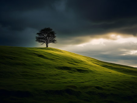 Lonely tree on grassy hillside with dramatic sky.の素材