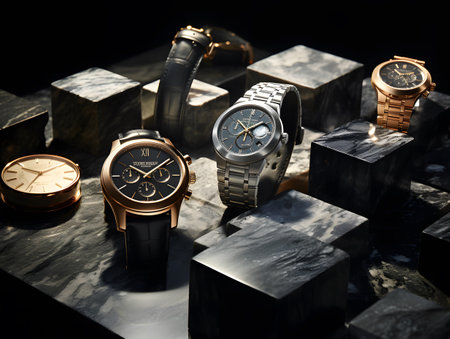Luxury watches on black marble background. Luxury wristwatches.の素材