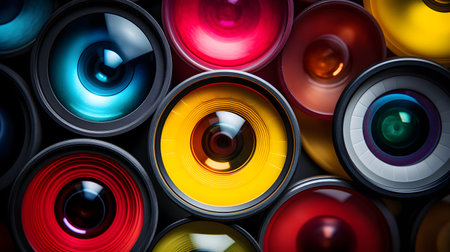 Close-up of camera lenses. Colorful photo lens background.の素材