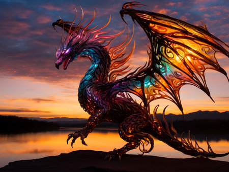 dragon with fire on the background of the sunset. 3d renderingの素材