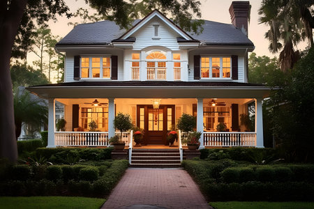 beautiful house in the garden at sunset, vintage style and colorsの素材