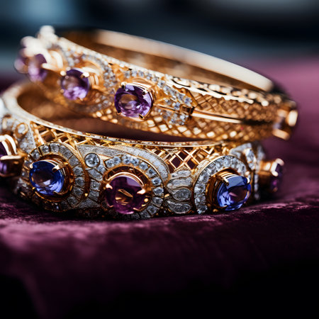 Beautiful gold bracelets with precious stones on a purple background.の素材