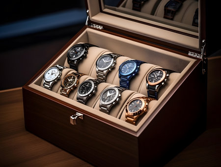 Luxury wrist watches in a wooden box on the table.の素材