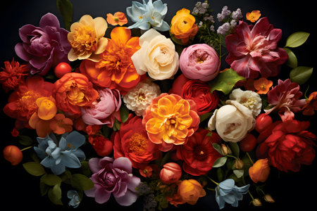Beautiful bouquet of different flowers on black background, top viewの素材