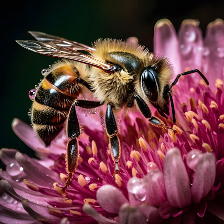 Macro of a bee collecting pollen on pink chrysanthemum flowerの素材