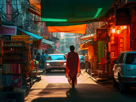 View of unknown Nepali people walking between Durbar square and Thamel district in Kathmandu in the eveningの素材