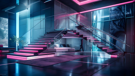 Interior of modern office with stairs and glass walls. 3d renderingの素材