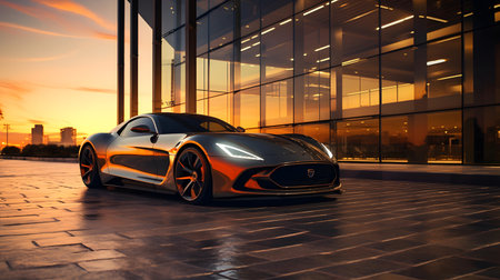 3D rendering of a brand-less generic concept car in the cityの素材