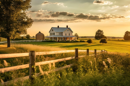 American Countryside Landscape with Farm House and Fence at Sunsetの素材
