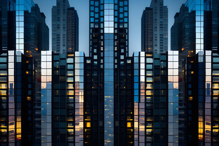 Cityscape of skyscrapers at night with reflection on glass.の素材