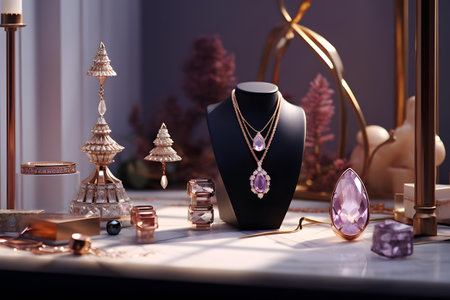 Luxury jewelry on the table. Jewelry store. 3d renderingの素材