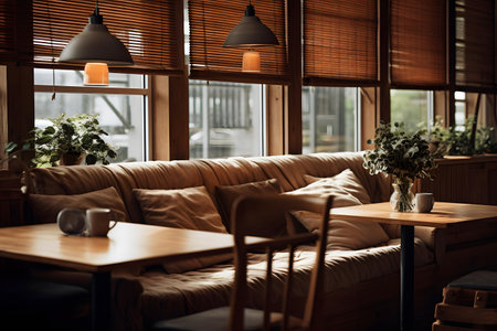 Interior of a modern cafe with brown leather sofas and wooden tablesの素材