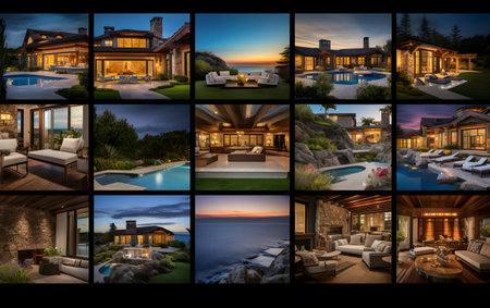 Collage of modern cozy house with pool and parking for sale or rent.の素材